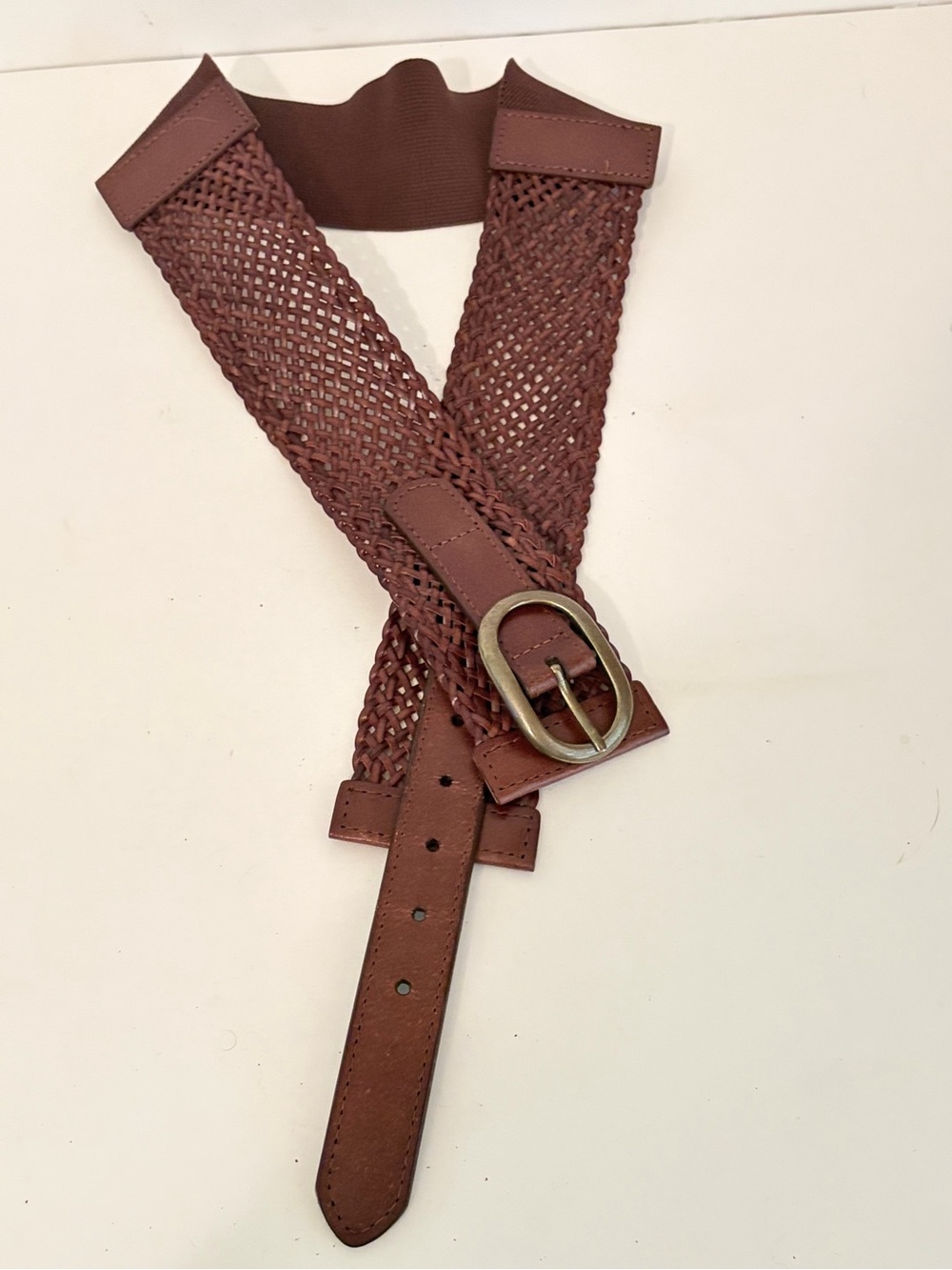 Ann Taylor Loft Dark Brown Woven Leather Elasticized Back Panel Wide Belt - Picture 6 of 12